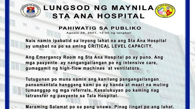 Sta. Ana Hospital at Ospital ng Tondo kapwa nasa critical level na