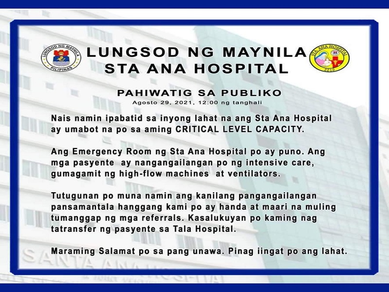 Sta. Ana Hospital at Ospital ng Tondo kapwa nasa critical level na