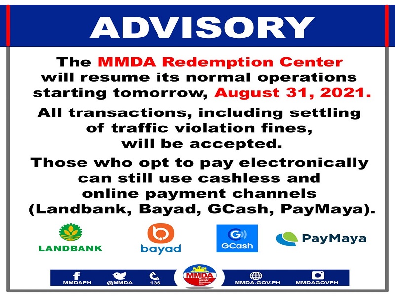 Operasyon ng MMDA Redemption Center balik-normal na simula bukas (Aug. 31)