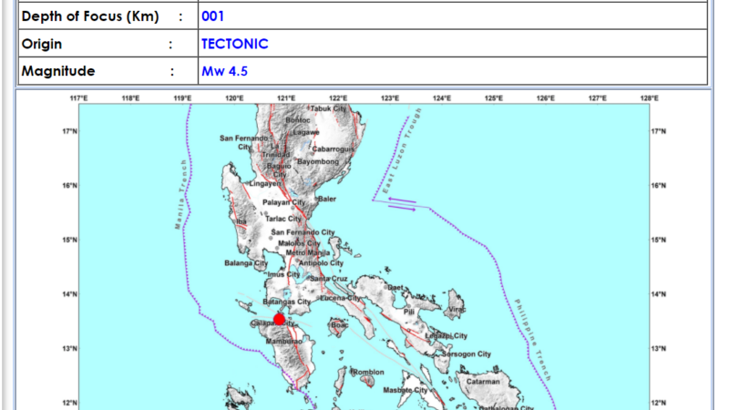 Tingloy, Batangas niyanig ng magnitude 4.5 na lindol