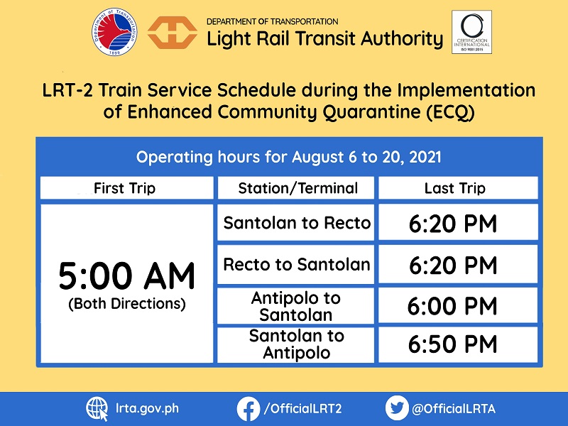 LRT-2 magpapatupad ng shortened operations sa kasagsagan ng ECQ