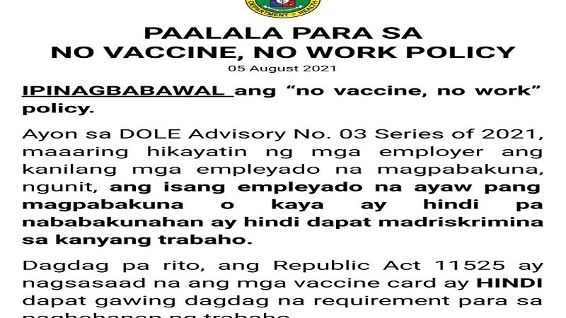 Bawal ang “no vaccine, no work policy” – DOH