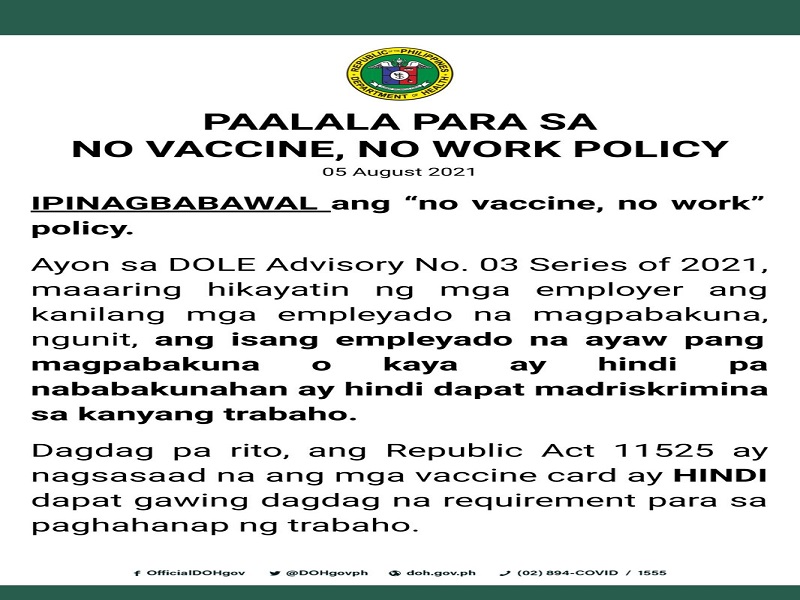 Bawal ang “no vaccine, no work policy” – DOH