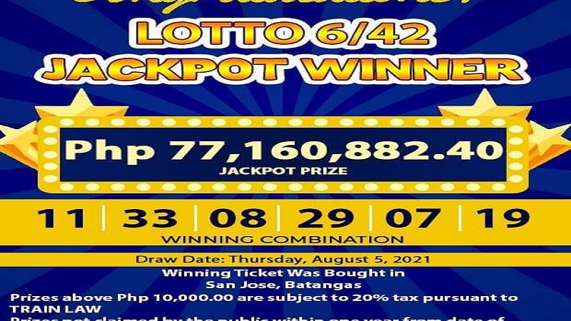 Lotto bettor sa Batangas wagi ng mahigit P71M na jackpot sa 6/42