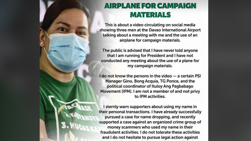 Mga tagasuporta binalaan ni Mayor Sara Duterte sa paggamit ng kaniyang pangalan sa mga personal na transaksyon