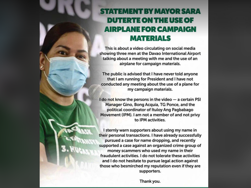 Mga tagasuporta binalaan ni Mayor Sara Duterte sa paggamit ng kaniyang pangalan sa mga personal na transaksyon