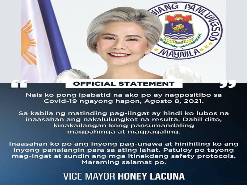 Manila City Vice Mayor Honey Lacuna nagpositibo sa COVID-19