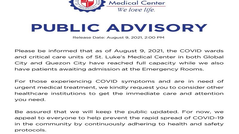 COVID wards at critical care units ng St. Luke’s Medical Center umabot na sa full capacity