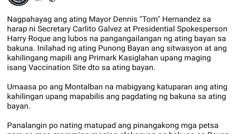 LGU ng Montalban humirit ng dagdag na suplay ng bakuna sa NTF