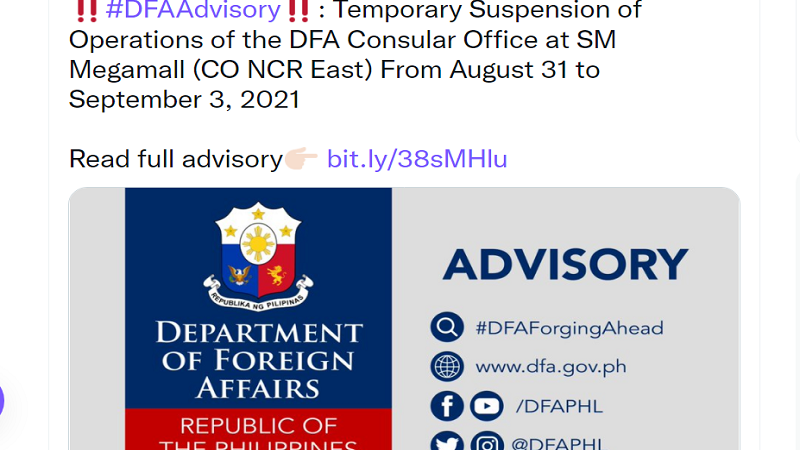 Operasyon ng consular office ng DFA sa SM Megamall suspendido muna