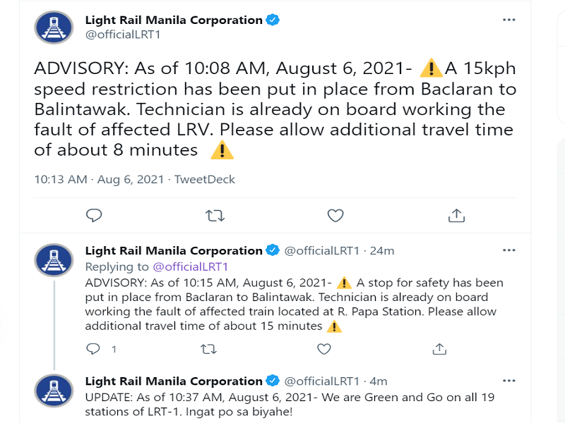 Biyahe ng LRT-1 nagka-aberya; operasyon ng mga tren mula Baclaran to Balintawak ilang minutong nahinto