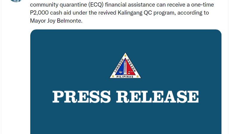 Mga residente ng QC na hindi nakatanggap ng ECQ ayuda mula sa pamahalaan bibigyan ng P2,000 tulong-pinansyal ng LGU