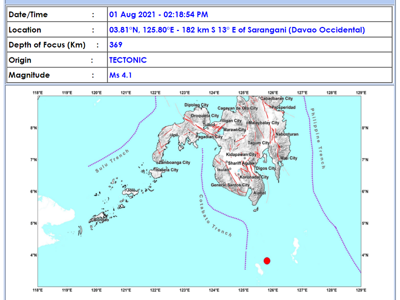 Sarangani, Davao Occidental niyanig ng magnitude 4.1 na lindol