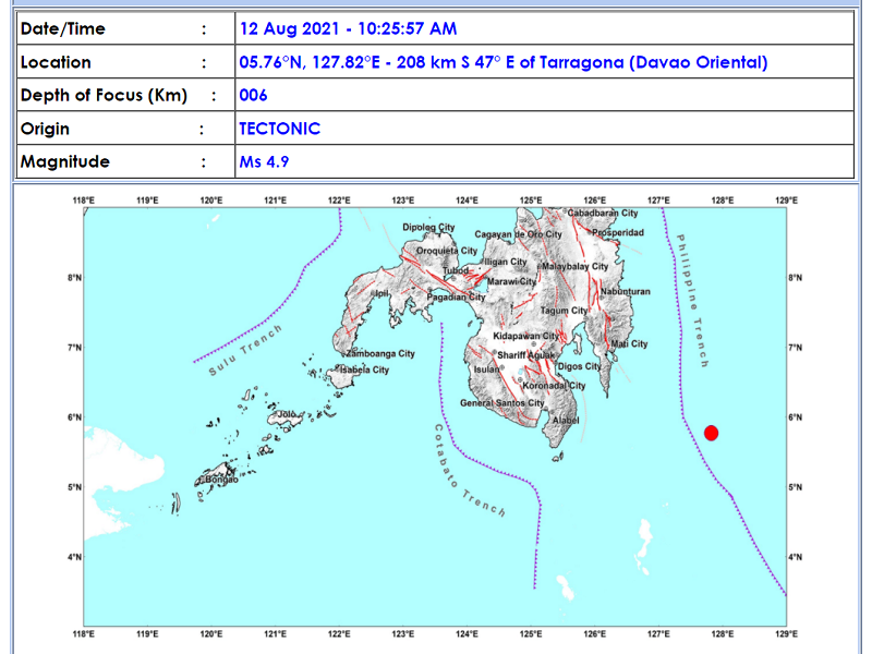 Tarragona, Davao Oriental niyanig ng magnitude 4.9 at magnitude 4.3 na lindol