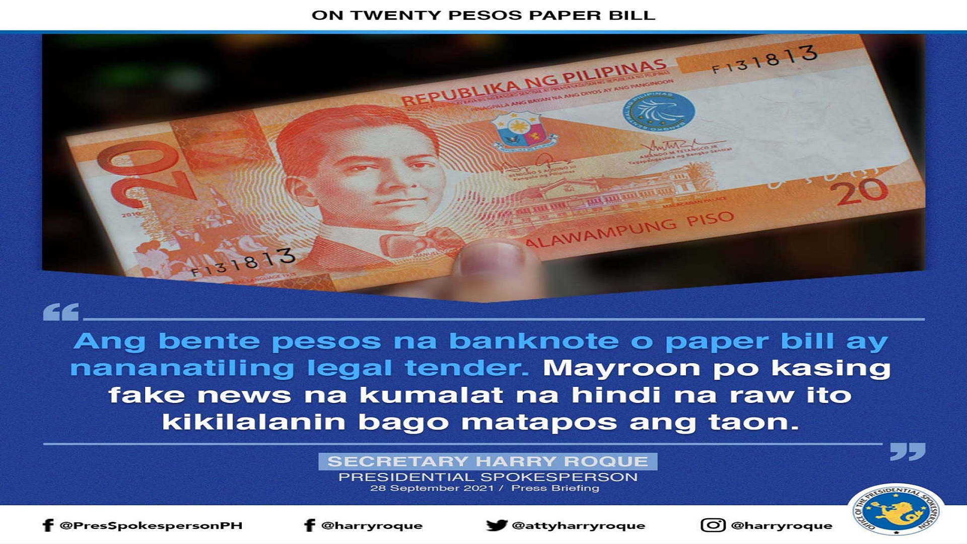 Bente pesos na banknote o paper bill pwede pa ring ipambayad ayon sa Malakanyang at BSP
