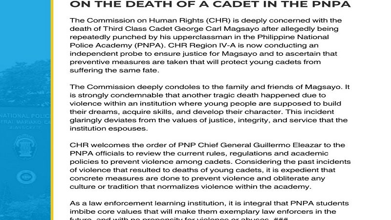 CHR may hiwalay na imbestigasyon sa kaso ng pagkamatay ng isang kadete ng PNPA