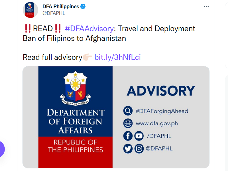 Paalala ng DFA sa mga mamamayan: Huwag magpumilit bumiyahe patungong Afghanistan