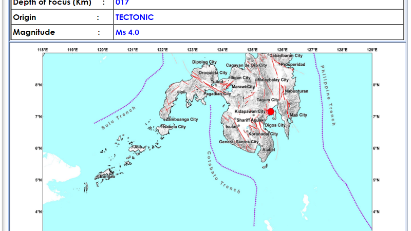 Davao City  niyanig ng magnitude 4.0 na lindol