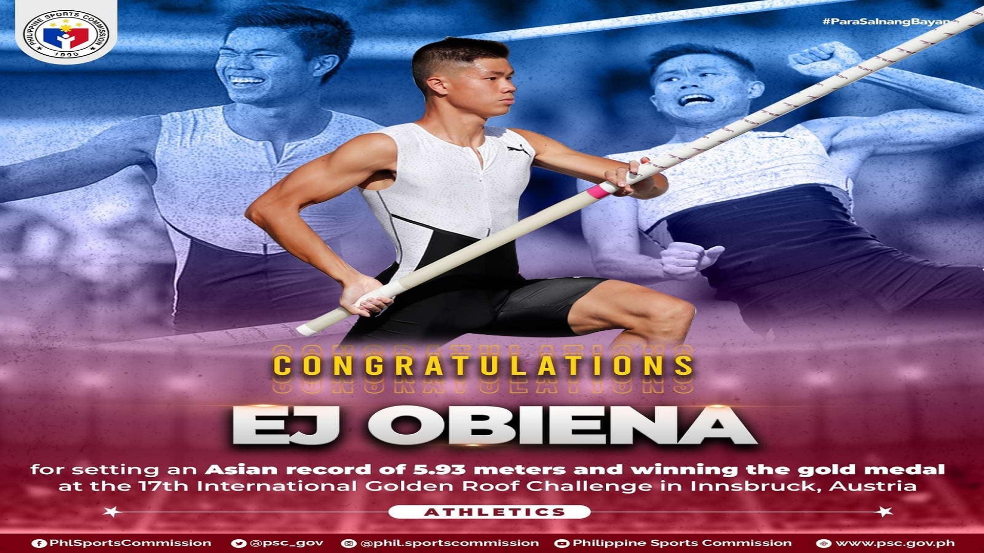 EJ Obiena nagtala ng bagong Asian record; wagi ng gintong medalya sa 17th International Golden Roof Challenge