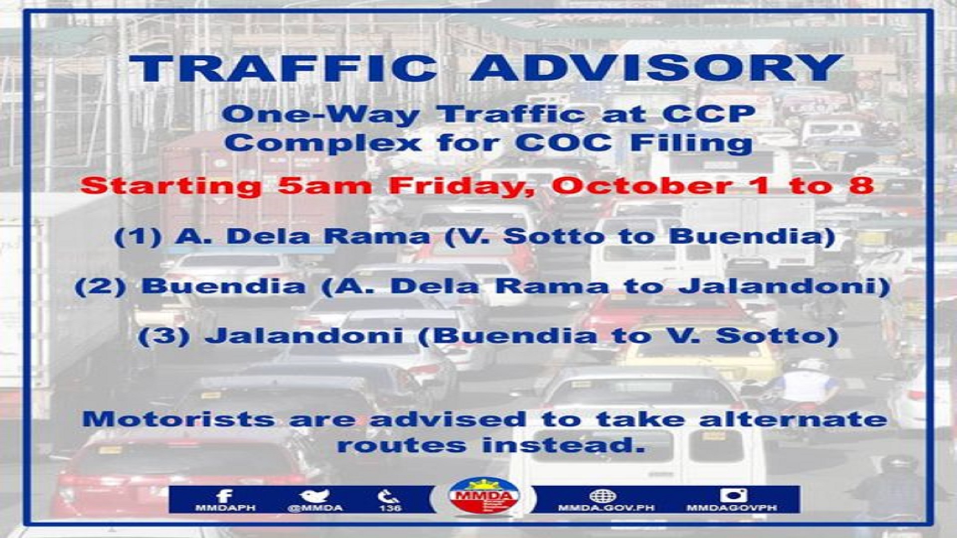 One-way traffic scheme ipatutupad sa CCP Complex sa kasagsagan ng COC filing