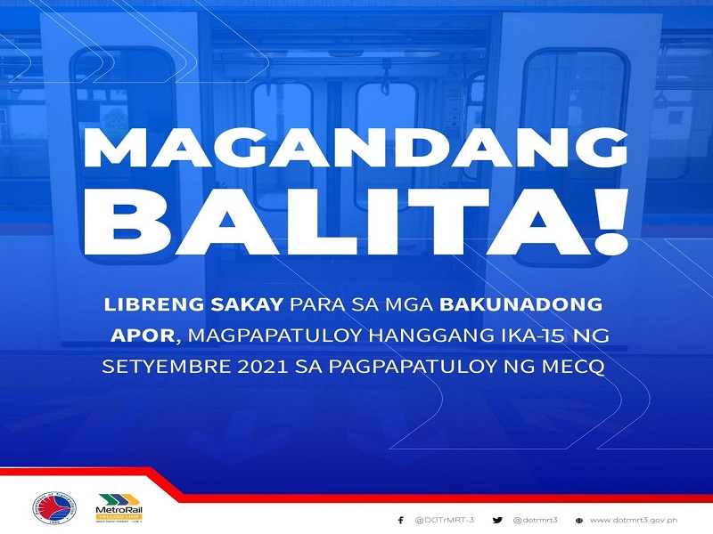 Libreng sakay sa MRT-3 sa mga bakunadong APOR tuloy hanggang Sept. 15