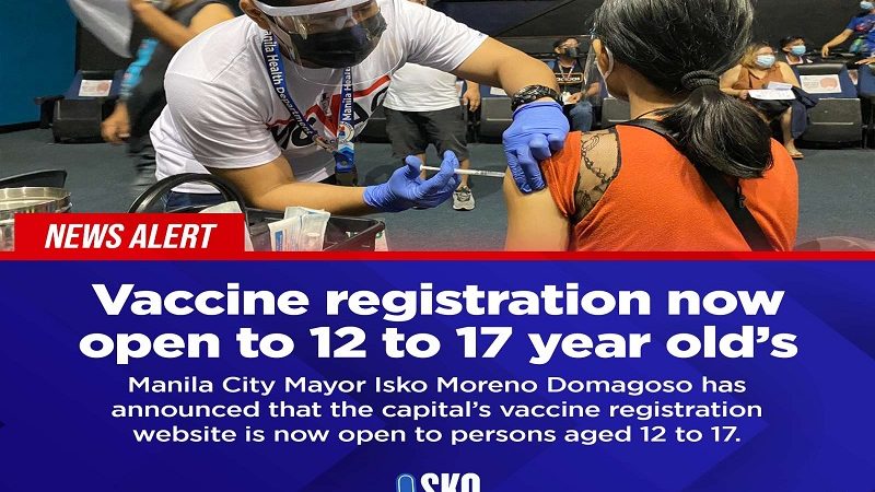 Mga edad 12 hanggang 17 sa Maynila pwede nang magparehistro para sa COVID-19 vaccine