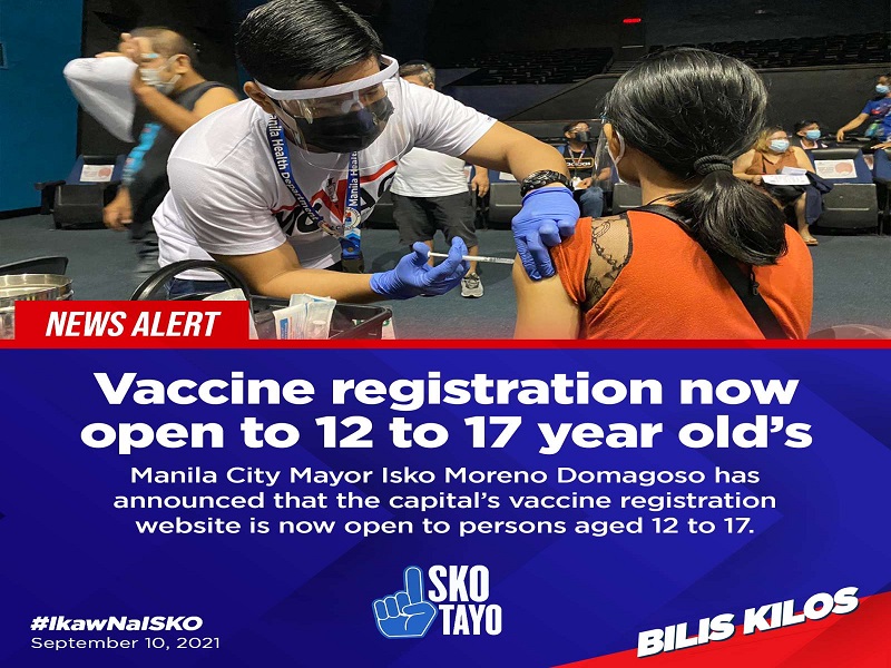 Mga edad 12 hanggang 17 sa Maynila pwede nang magparehistro para sa COVID-19 vaccine