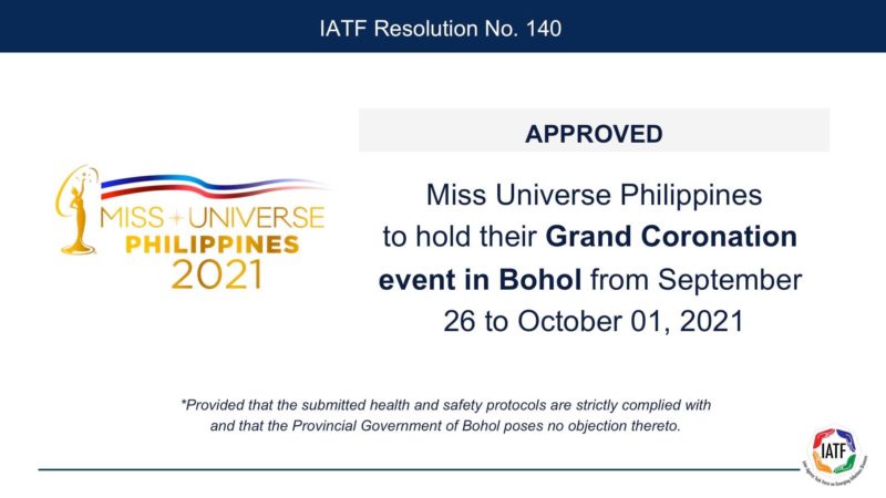 Grand Coronation Event para sa Miss Universe Philippines inaprubahan ng IATF