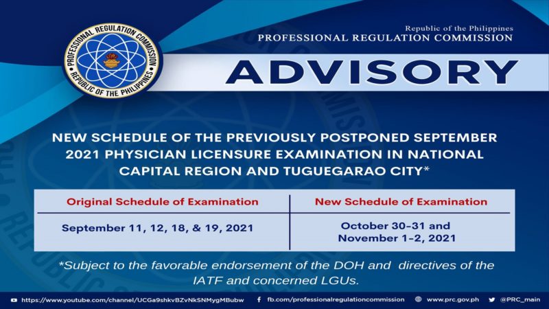 Naudlot na 2021 Physician Licensure Examination sa NCR at Tuguegarao City muling itinakda ng PRC