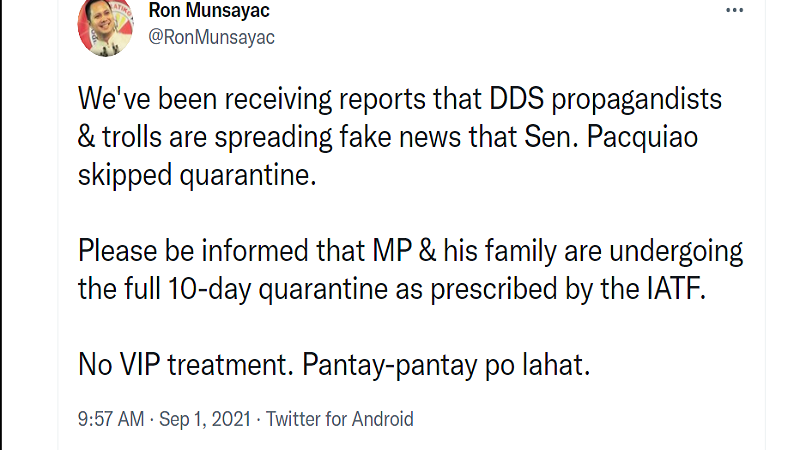 Senator Manny Pacquiao tinatapos ang full 10-day quarantine