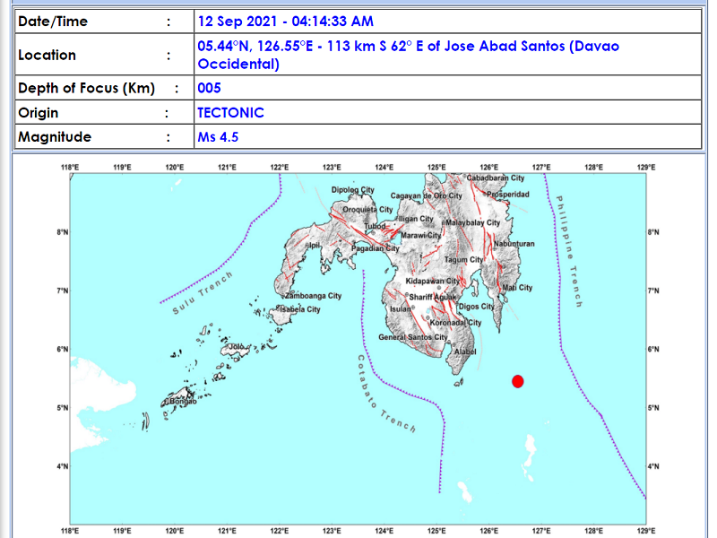 Jose Abad Santos, Davao Occidental niyanig ng magnitude 4.5 na lindol