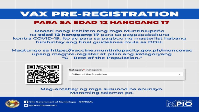 Pre-registration para sa bakuna ng mga edad 12 hanggang 17 binuksan na sa Muntinlupa