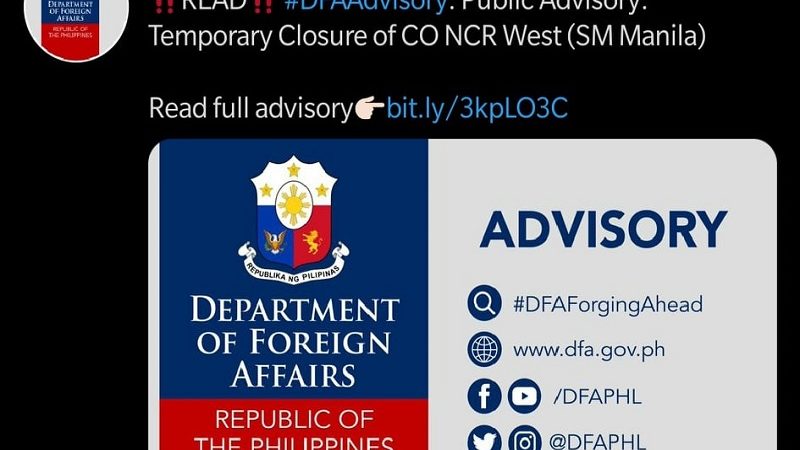 Operasyon ng Consular Office ng DFA sa SM Manila suspendido; pitong staff nagpositibo sa COVID-19