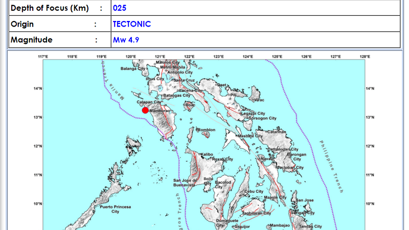 Mamburao, Occidental Mindoro niyanig ng magnitude 4.9 na lindol