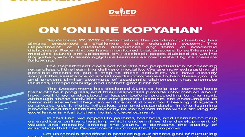 DepEd umapela ng tulong sa mga magulang para masawata ang “Online Kopyahan”