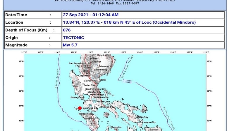 Occidental Mindoro niyanig ng magnitude 5.7 na lindol; pagyanig naramdaman sa maraming lugar sa NCR at mga kalapit na lalawigan