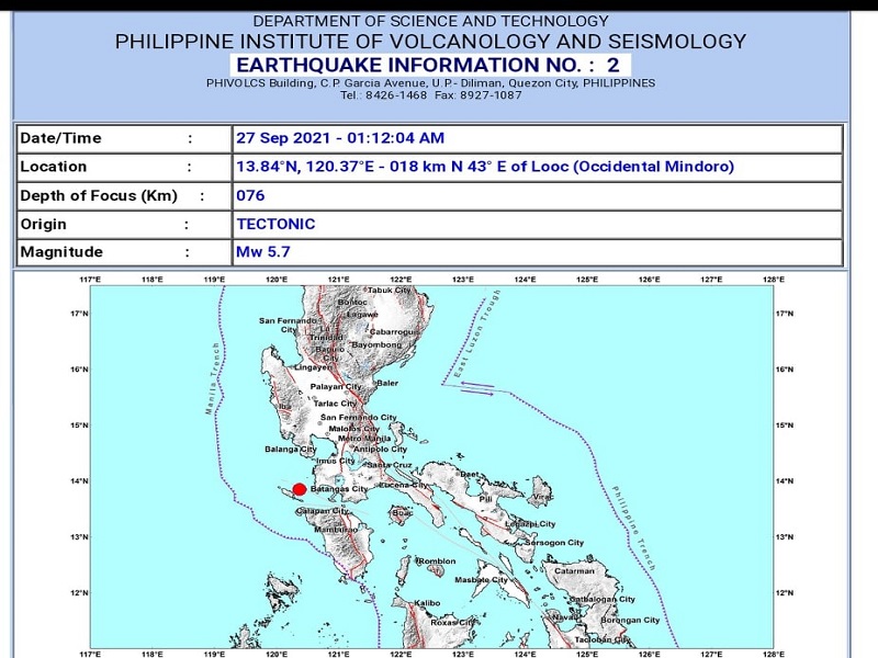 Occidental Mindoro niyanig ng magnitude 5.7 na lindol; pagyanig naramdaman sa maraming lugar sa NCR at mga kalapit na lalawigan