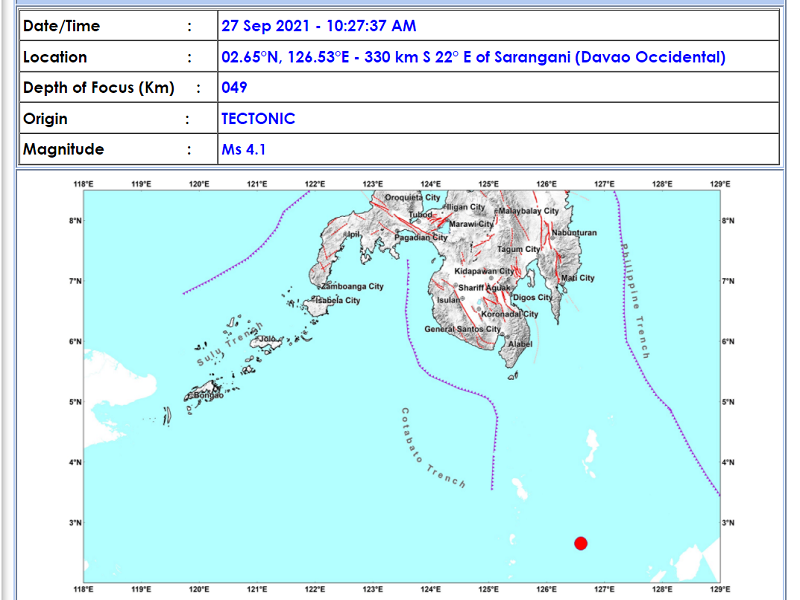 Sarangani, Davao Occidental niyanig ng magnitude 4.1 na lindol