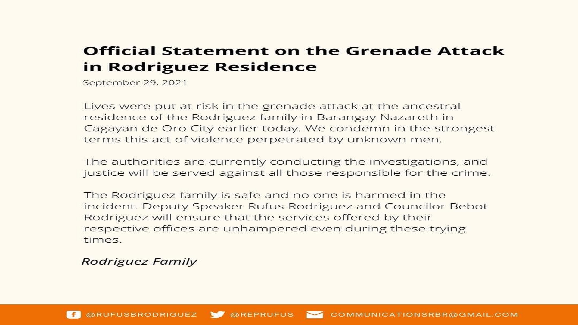 Ancestral house ng pamilya ni Cong. Rufus Rodriguez sa Cagayan de Oro City pinasabugan ng granada