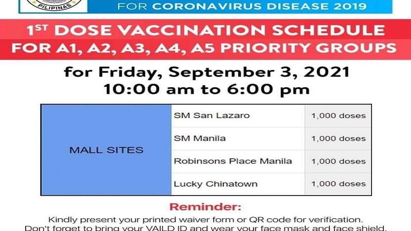 Walk-in pinayagan sa ilang vaccination sites sa Maynila ngayong araw