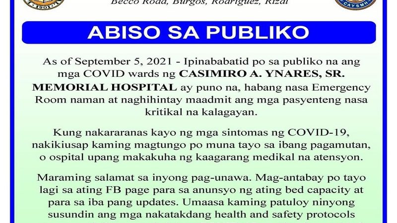 COVID wards ng Ynares Hospital sa Montalban punuan na; karamihan sa mga pasyenteng naghihintay na ma-admit kritikal ang kondisyon