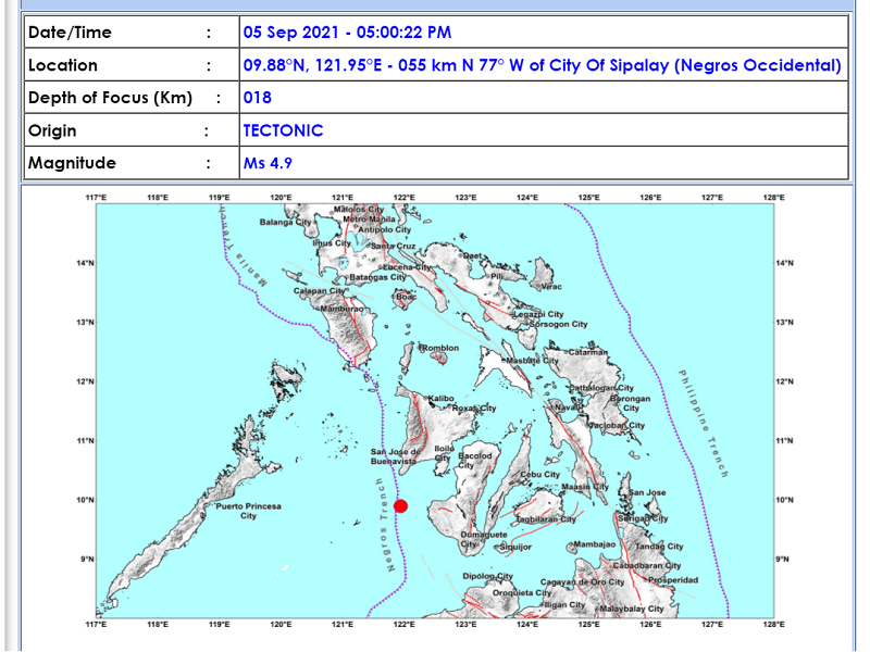 Sipalay City, Negros Occidental niyanig ng magnitude 4.9 na lindol