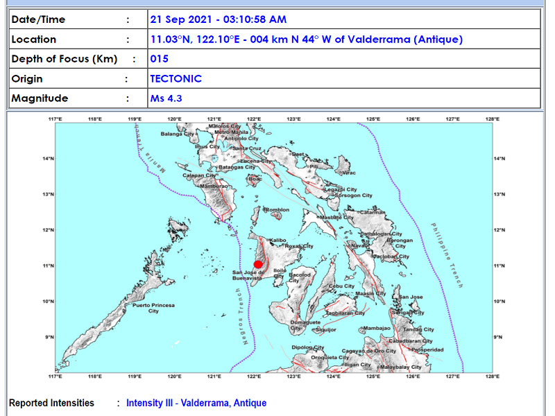 Valderrama, Antique niyanig ng magnitude 4.3 na lindol