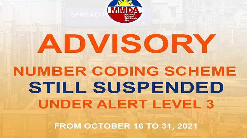 Number Coding suspendido pa rin sa ilalim ng pag-iral ng Alert Level 3 sa Metro Manila