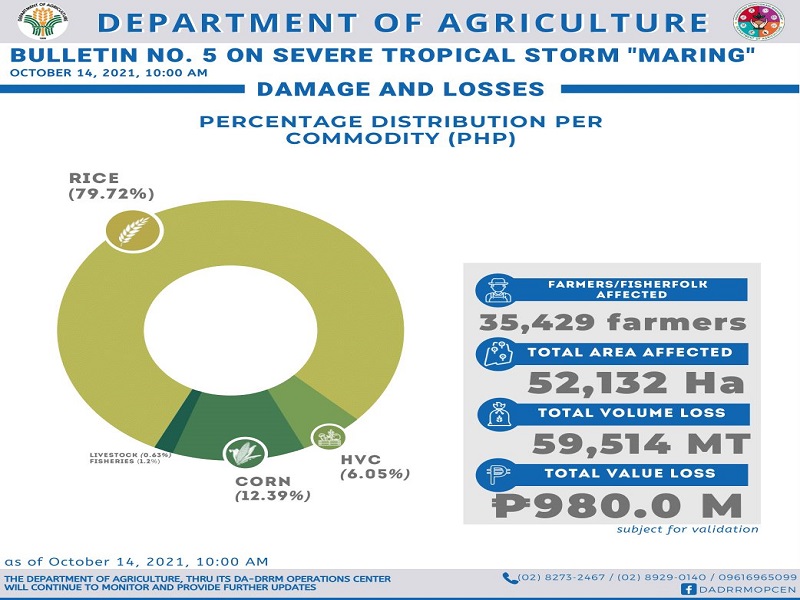 Severe Tropical Storm Maring nag-iwan ng halos P980M na halaga ng pinsala sa pananim – DA