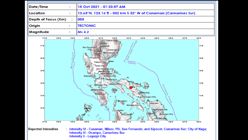 Canaman, Camarines Sur niyanig ng magnitude 4.2 na lindol