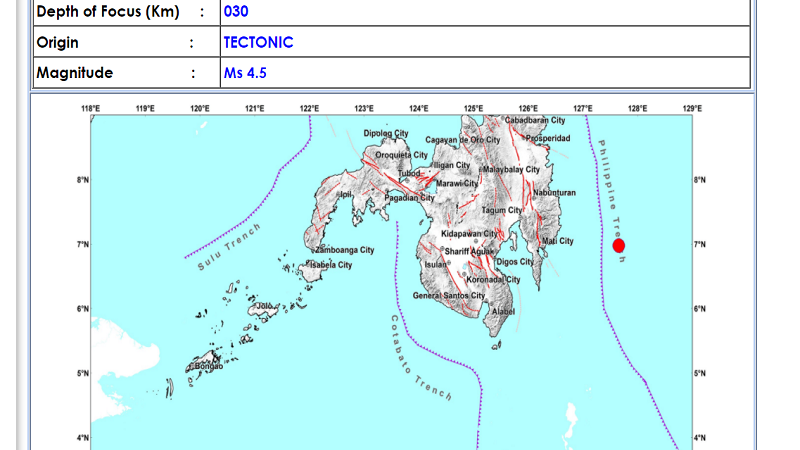 Caraga, Davao Oriental niyanig ng magnitude 4.5 na lindol