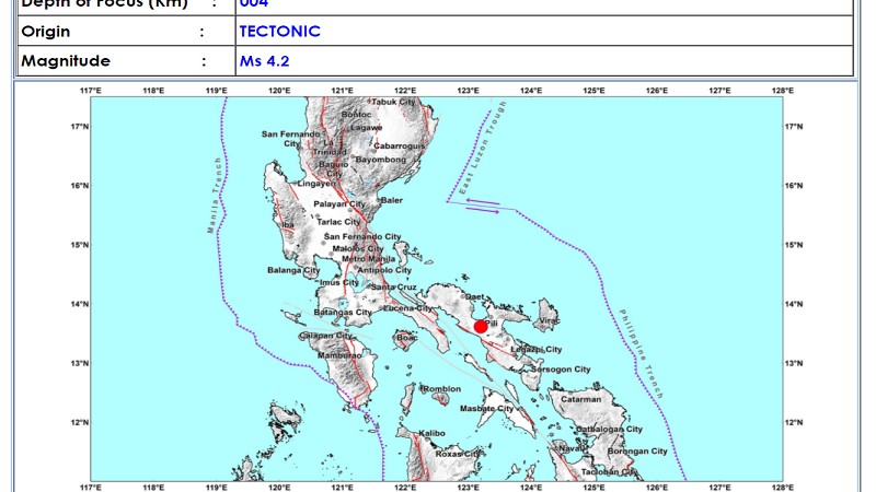 Canaman, Camarines Sur niyanig ng magnitude 4.2 na lindol