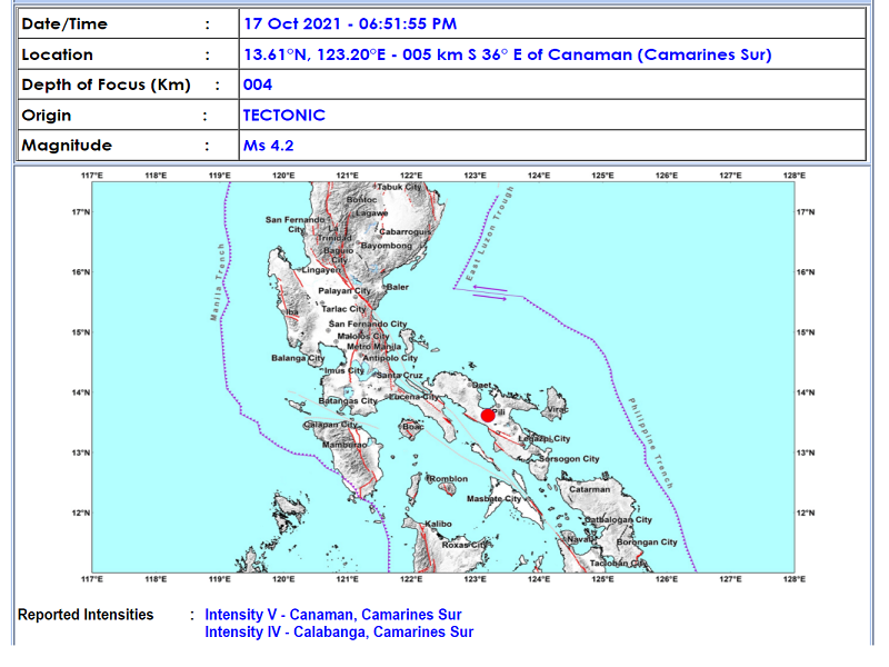 Canaman, Camarines Sur niyanig ng magnitude 4.2 na lindol