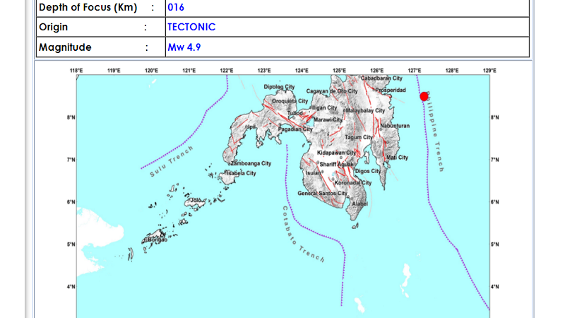Hinatuan, Surigao del Sur niyanig ng magnitude 4.9 na lindol